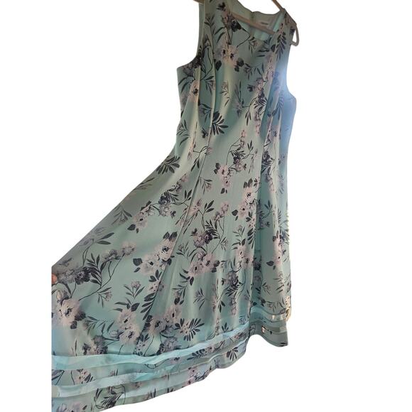 Calvin Klein Floral Aqua Blue Dress Sz 18 Fit Flare Fully lined Princess Seams - Picture 5 of 12